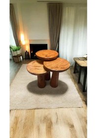 Resim Şık Meşe Renk Masif Ahşap Mantar Sehpa 3 Lü Doğal Fiskos Ve Zigon Seti - Coffee Table Meşe 
