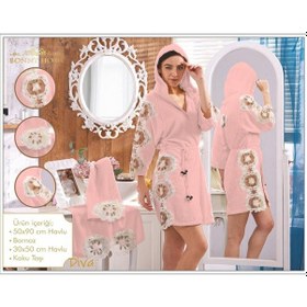 Resim Diva Pudra Bayan Fransız Dantelli Balayı Çeyizlik Bornoz Seti Pudra 