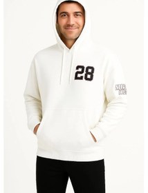 Resim Erkek Kapşonlu Sweatshirt - Üç İplik Şardonlu Kumaş, Oversize Fit, Ön & Arka Baskılı, Kanguru Cepli, Kışlık Rahat Hoodie - Beyaz Siyah 