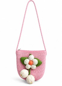 Resim MakeWell Kız Çocuk Hasır Omuz Çantası Pembe Çiçek Detaylı Örgü Çapraz Askılı Mini Çanta 