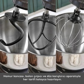 Resim Emsan 1500 Watt Yüksek Güçlü Mutfak Şefi 5 Litre Paslanmaz Çelik Hazneli Stand Mikser ve Hamur Yoğurma Makinesi Sıçratma Önleyici Kapaklı 