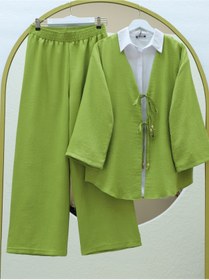 Resim MODAQU Bağcıklı Kimono Pantolon Takım Yağ Yeşil 
