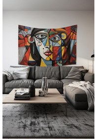 Resim Geometrik Yüz Desenli Duvar Halısı Duvar Örtüsü Tapestry Süet Dokulu Kumaş 