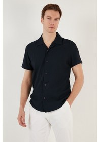 Resim Buratti Pamuk Karışımlı Apaş Yaka Kısa Kollu Regular Fit Erkek Gömlek Cf24S115882 Lacivert 