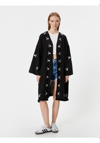 Resim Koton Midi Kimono Nakışlı Oversize Asimetrik Kesim Siyah 4sal50006ıw Siyah 
