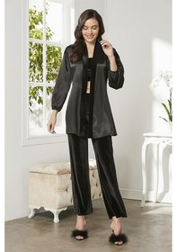 Resim Pierre Cardin 2050 Kadın Kadife Saten Sabahlıklı Pijama Takım-siyah Siyah 