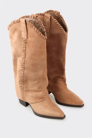 Resim Elle Naturel Deri Kadın Western Çizme 