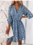 Resim Kadın Truvakar Kol Kruvaze Yakalı Beli Lastikli Çiçek Desenli Süprem Elbise Mavi 