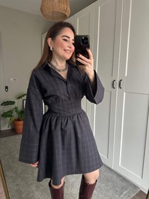 Resim Korseli ekose elbise - Kahverengi / Medium 