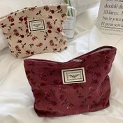 Resim Vintage Çiçekli Kadife Kozmetik Çantası - Kadınlar için Retro Çanta, Gül Desenli, Taşınabilir Tuvalet Organizatörü, Elde Yıkanabilir, Fildişi/Kırmızı, Çanta| Retro Tarz Çanta| Etiket, Küçük Kozmetik Çantası 