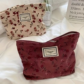 Resim Vintage Çiçekli Kadife Kozmetik Çantası - Kadınlar için Retro Çanta, Gül Desenli, Taşınabilir Tuvalet Organizatörü, Elde Yıkanabilir, Fildişi/Kırmızı, Çanta| Retro Tarz Çanta| Etiket, Küçük Kozmetik Çantası 