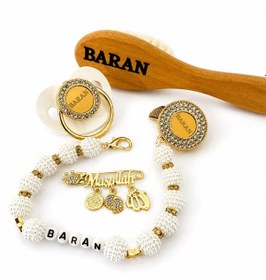 Resim Kişiye Özel İsimli Emzik Emzik Askısı - Bebek Yaka İğnesi %100 Doğal Organik Ahşap Bebek Fırçaıs Tarak 