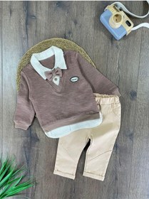 Resim Bebicix Papyonlu Gömlek Yaka Simetrik Kesim Pantolon 2'li Erkek Takım Kahverengi 