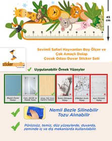Resim Sevimli Safari Hayvanları Boy Ölçer ve Çok Amaçlı Dolap Çocuk Odası Duvar Sticker Seti - 46x113 cm / Renkli / Boy Ölçer 