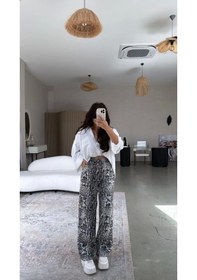 Resim Defymoda Kadın Saten Kumaş Leopar Desenli Pantolon Beyaz 