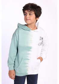 Resim Toontoy Kids Toontoy Erkek Çocuk Oversize Kapüşonlu Cepli Düşük Omuz Renk Bloklu Baskılı Sweatshirt - 2 İplik Yeşil 
