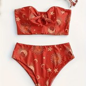 Resim Yüksek Bel Altı Düğüm ve Güneş Deseni ile Kadınlar için Mükemmel Plaj Giyimi olan İki Parçalı Bikini Seti 