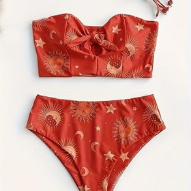 Resim Yüksek Bel Altı Düğüm ve Güneş Deseni ile Kadınlar için Mükemmel Plaj Giyimi olan İki Parçalı Bikini Seti 