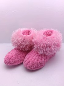 Resim El Emeği Kız Çocuk Pembe Peluş Detaylı Örgü Patik - 28-29 Numara - El Örmesi 