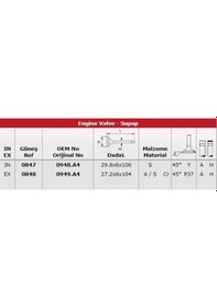Resim Gunes 0847-0848 Subap Takımı Emme / Egsoz C5 C5 Iı Xsara Pıcasso P607 P407 Ew7j4 1,8ı 16v / 29,8 6 106 / 27,2 6 104 
