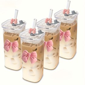 Resim 4 Adet Papyon Desenli Kare Cam Bardak, 12oz/350ml Kapaklı ve Pipetli Taşınabilir İçecek Bardağı, Koleksiyoncular, Ev, Okul & Dış Mekan Kullanımı için İdeal, Mükemmel Noel Hediyesi veya Şükran Günü Seçeneği 