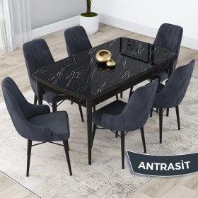 Resim Canisa Concept Lia Serisi, 80X132 Açılabilir Mutfak Masa Takımı, Siyah Mermer Desen Masa 6 Sandalye 