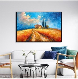 Resim Yağlı Boya Dokulu Tablo Modern Buğday Tarlası Manzarası Siyah Çerçeveli U06018-178983 