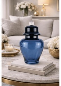 Resim Dekoratif Mavi Cam Kavanoz - Cam Kapaklı Küp Şekerlik Mavi 