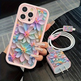 Resim 5 adet Yüksek Bambu Pembe Güneş Çiçeği Desenli Telefon Kılıfı + Şarj Başlığı Kılıfı + Kablo Koruyucu + Depolama Askısı TPU Şok Geçirmez Koruyucu Kılıf Apple Telefonlar için Uyumludur Iphone 6/7/8/X/Xs/Xr/Xs Max/11/12/13/14/15/16 Pro 
