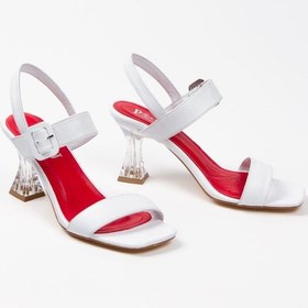 Resim Hakiki Deri Tek Bant Şeffaf Topuk Tokalı Beyaz Kadın Topuklu Ayakkabı 001 