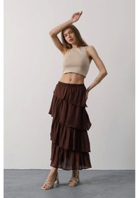 Resim Katlı Kesim Uzun Etek - Kahve Kahve 