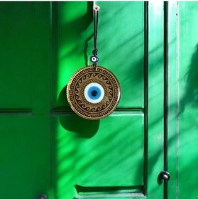 Resim Altın Varaklı Nazar Boncuklu Füzyon Cam El İşçiliği 12 Cm Duvar Süsü 