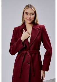 Resim Kadın Bordo Kuşaklı Düğmeli Uzun Kaban Bordo 