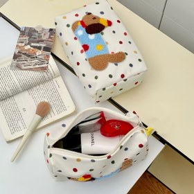 Resim Şirin Köpek Nakışlı Makyaj Çantası Büyük Kapasite, Taşınabilir Cilt Bakım Ürünleri Depolama Seyahat Tuvalet Çantası, Beyaz Rastgele Nokta Desenleri ile, Püskül Asma Aksesuarı Dahil Değil 