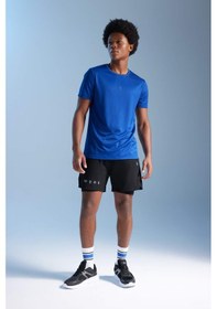 Resim Defacto DeFactoFit Slim Fit Dar Kesim Bisiklet Yaka Baskılı Kısa Kollu Sporcu Tişört X6142AZ23AUBE325 Mavi 