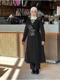 Resim Esre Store 44114 - Deri Detaylı Tesettür Kaban Siyah-A3 