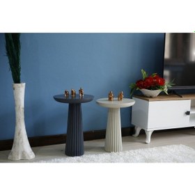 Resim 2'li Antrasit Renk Mantar Sehpa Çizgili Konik Renkli Yan Sehpa Antrasit Krem 