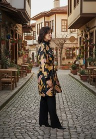 Resim MAKSEN TEKSTİL Viskon Kumaş Kuşaklı Geometrik Desenli Kadın Bağlamalı Siyah Kimono 
