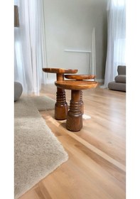Resim Wood Ahşap 3 Lü Set Fitilli Mantar Yan Sehpa Modern Fiskos / Açık Ceviz Renk / Zigon Sehpa Vernikli Kahverengi 