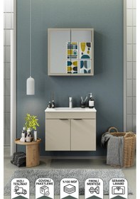 Resim Biani Fix Loft 85 Cm Banyo Dolabı,Seramik Lavabolu, Aynalı,Lavabo Dahil,Mdf,Latte 