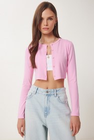 Resim Happiness İstanbul Kadın Pembe Çilek Örme Crop Bolero Hırka UB00384 