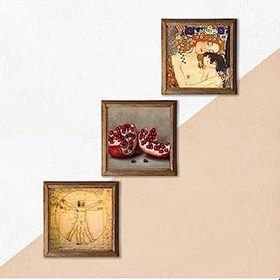 Resim Pinecone Gustav Klimt Anne Çocuk, Da Vinci Vitruvius Adamı, Nar Taş Duvar Tablosu - Ahşap Çerçeveli Taş Tablo - 25x25 cm - 3 Parça Set - Dekoratif Duvar Sanatı - Modern Ev Duvar Dekoru W3-1360 