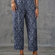 Resim Kadınlar için Şık Geometrik Desenli Geniş Paça Pantolon - Vintage Tarzı, Mavi ve Beyaz Polyester Karışımı, Makinede Yıkanabilir, İlkbahar/Yaz İçin Rahat Kalıp 