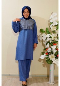 Resim Deryam Tekstil Kadın Sofya Keten Tunik Pantolon Takımı Mavi 44 Beden Mavi 