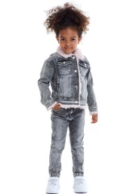 Resim Kız çocuk denim pamuk astarlı mont pantolon 2 li takım - FÜME / 4 yaş 