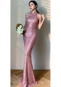 Resim Hanife Glam Couture Hanife Glam Halter Yaka Taş Tasarımlı Pul Payet Abiye Elbise Pembe 