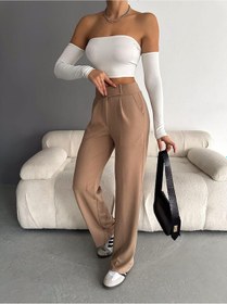 Resim Nevege Butik Nevege Beli Cırtlı Likralı Krep Kumaş Palazzo Pantolon Camel 