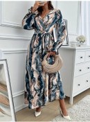 Resim Kadın Uzun Kollu Kruvaze Yakalı Beli Kuşaklı Desenli Süprem Maxi Elbise Desenli 