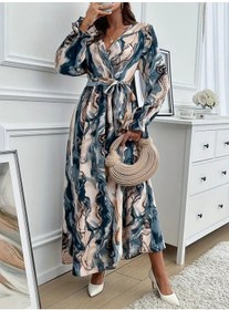 Resim Kadın Uzun Kollu Kruvaze Yakalı Beli Kuşaklı Desenli Süprem Maxi Elbise Desenli 