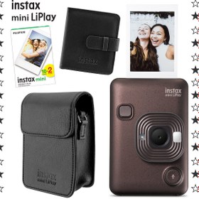 Resim Instax mini LiPlay Hybrid Deep Bronze Fotoğraf Makinesi 20'li Film Albüm ve Deri Kılıf Hediye Seti 